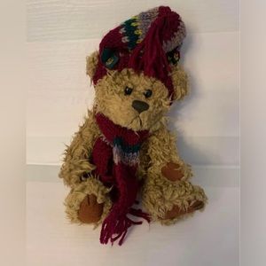 Dooley Brass Button Bear Knit Maroon Scarf Hat Jointed Teddy Brown 11" Pickford